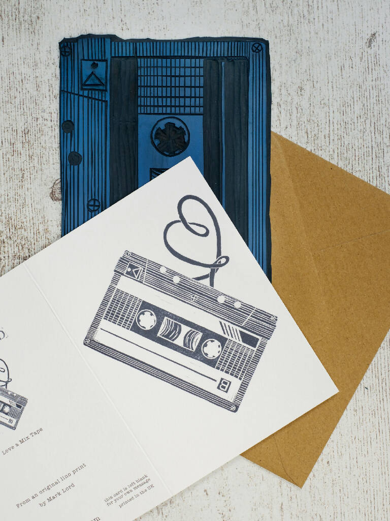 Love a Mix Tape A6 Lino Print Greeting Card - Image 2