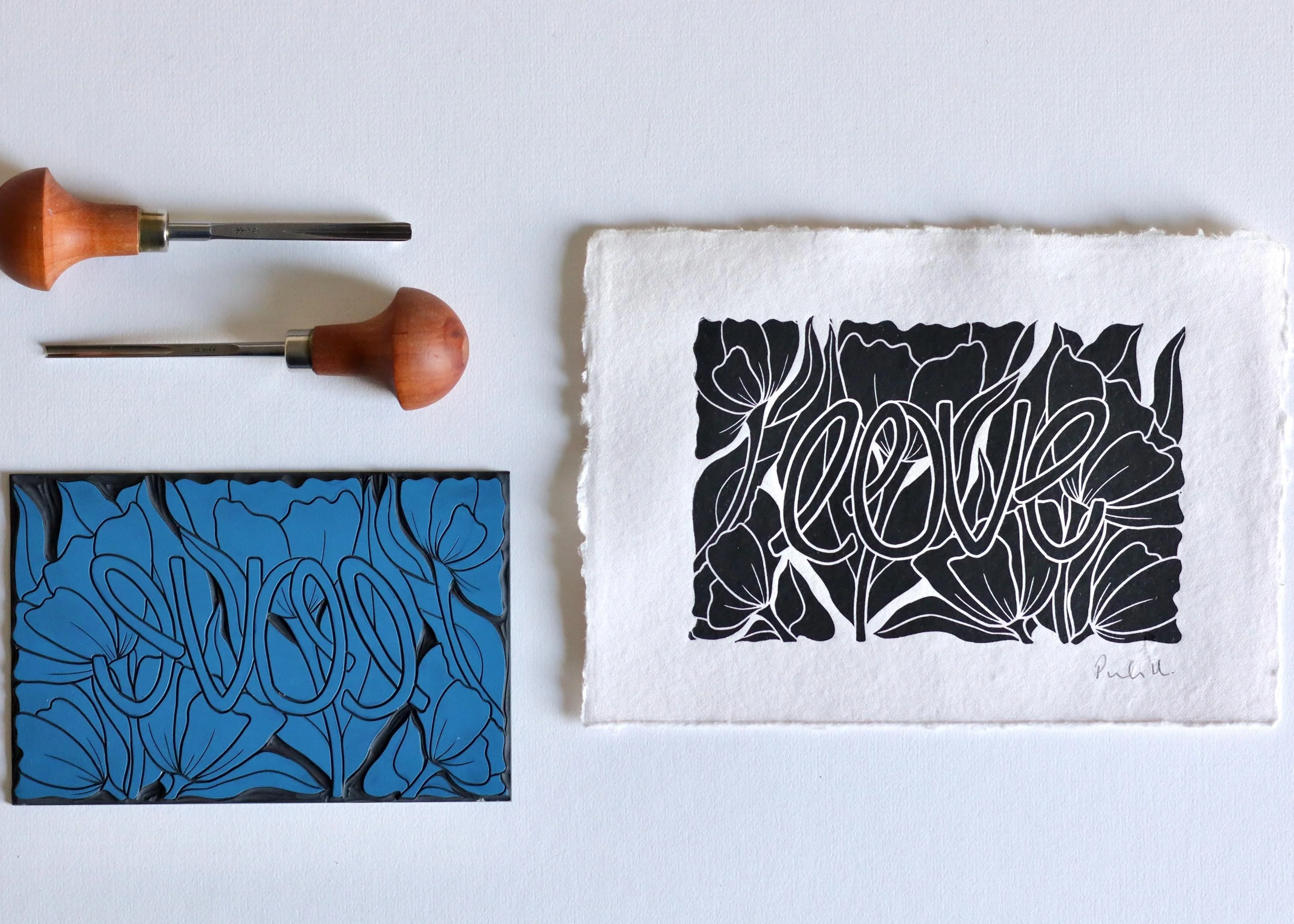 Love Amongst the Flowers Linocut Print | Handprinted A5 Art Print on Cotton Rag Paper - Image 2
