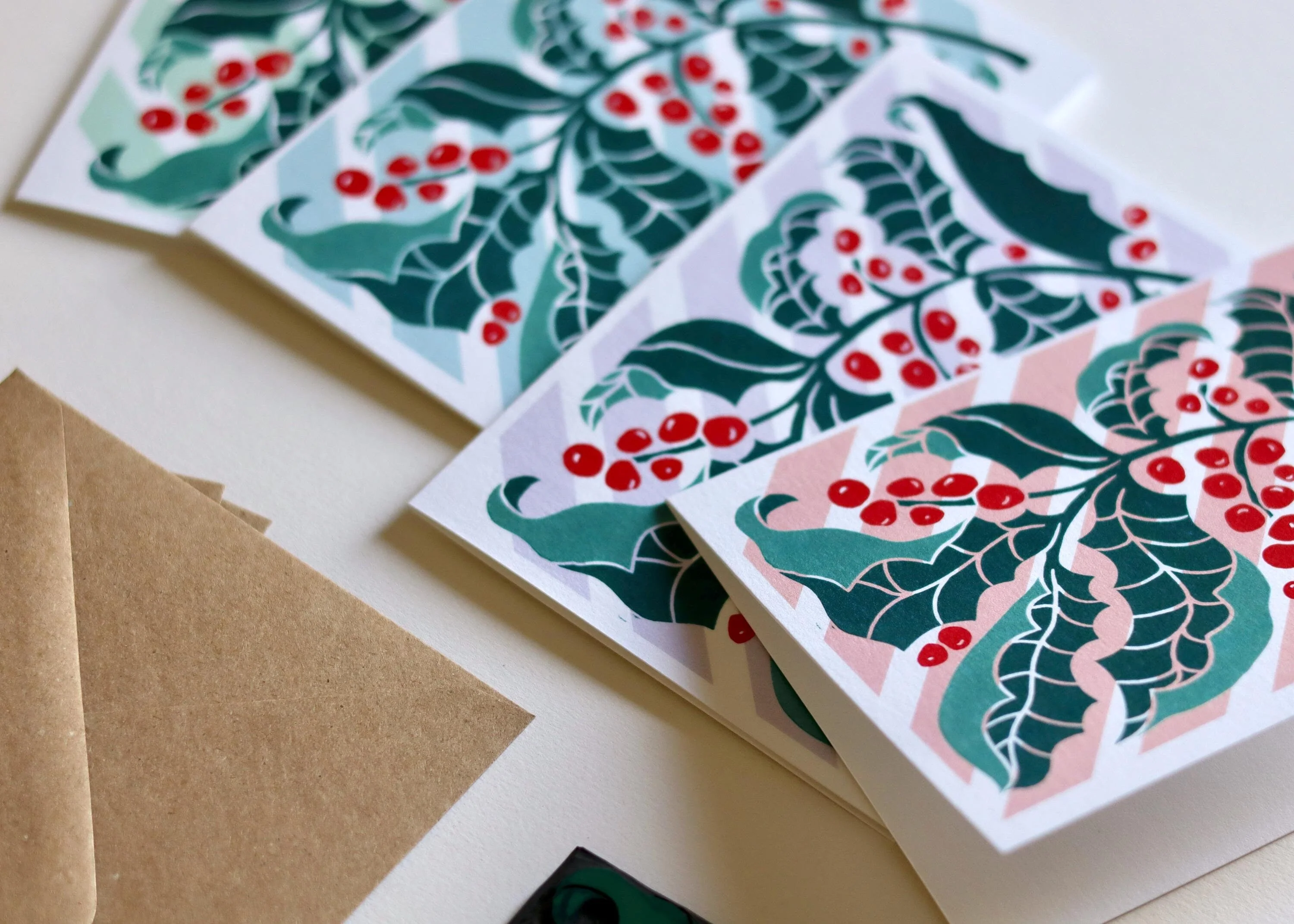 Luxury Candy Stripes & Holly Leaves Christmas Card | Set of 4 Cards & Envelopes