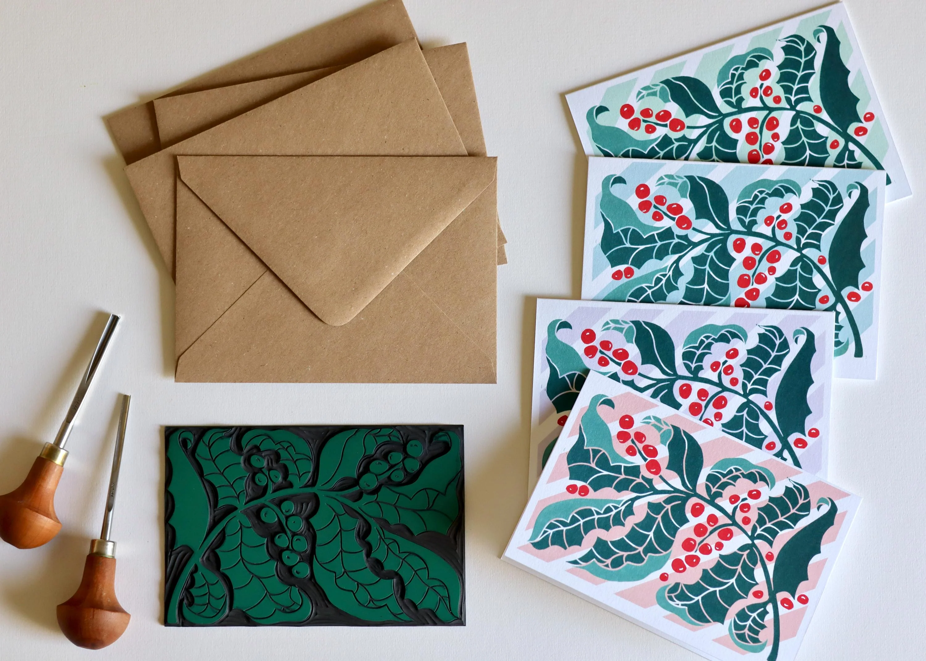Luxury Candy Stripes & Holly Leaves Christmas Card | Set of 4 Cards & Envelopes - Image 2