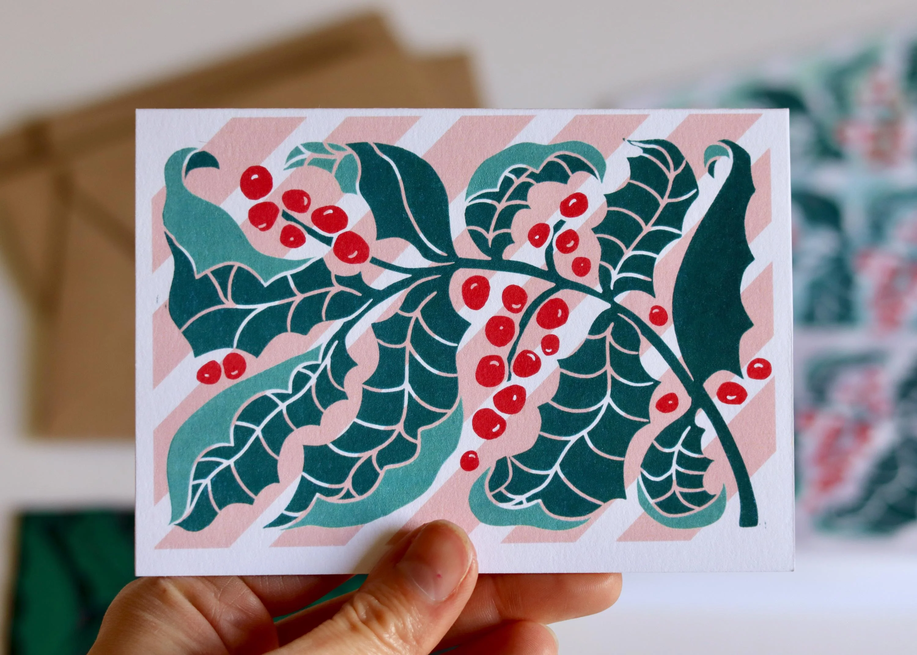 Luxury Candy Stripes & Holly Leaves Christmas Card | Set of 4 Cards & Envelopes - Image 4