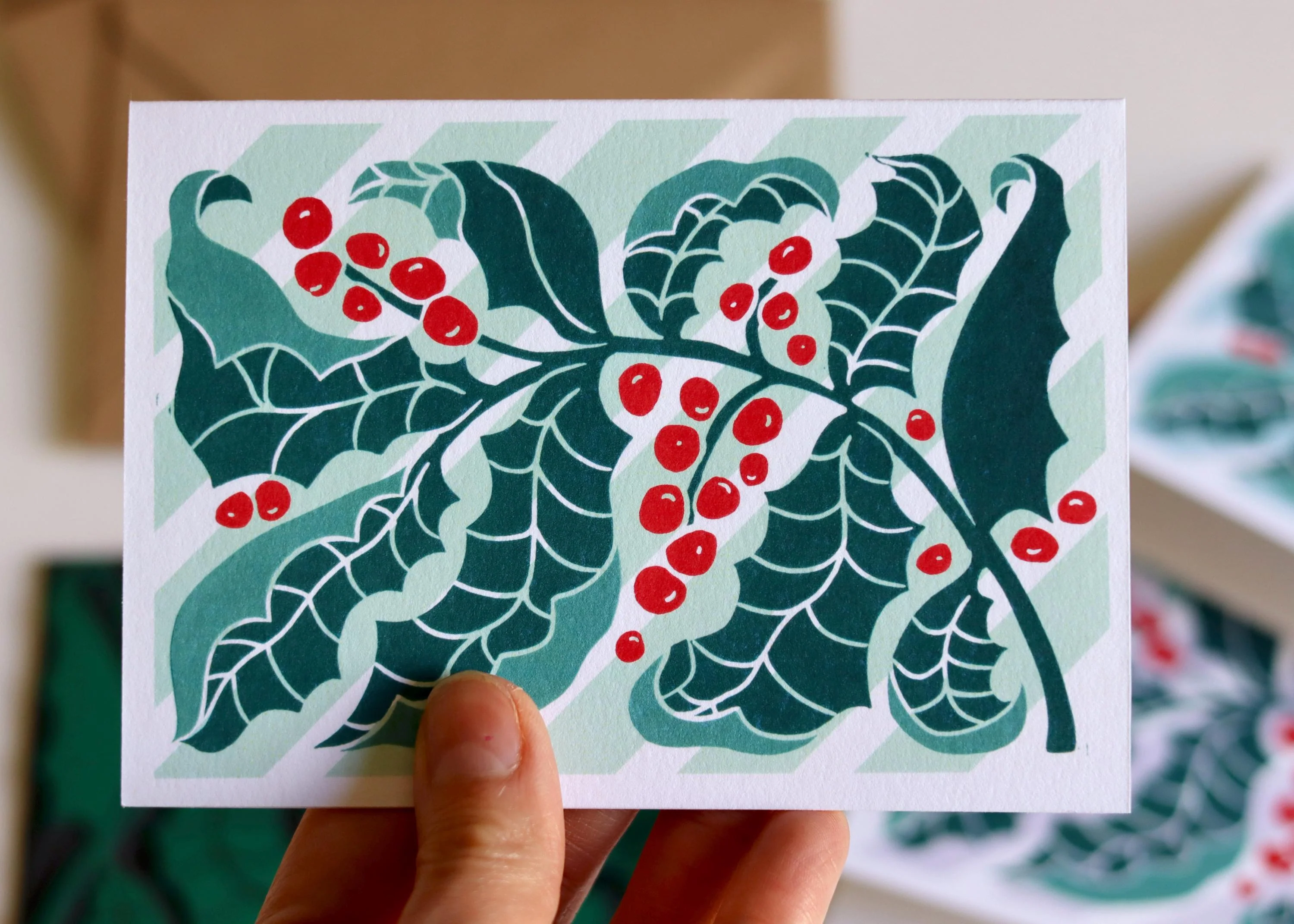 Luxury Candy Stripes & Holly Leaves Christmas Card | Set of 4 Cards & Envelopes - Image 5