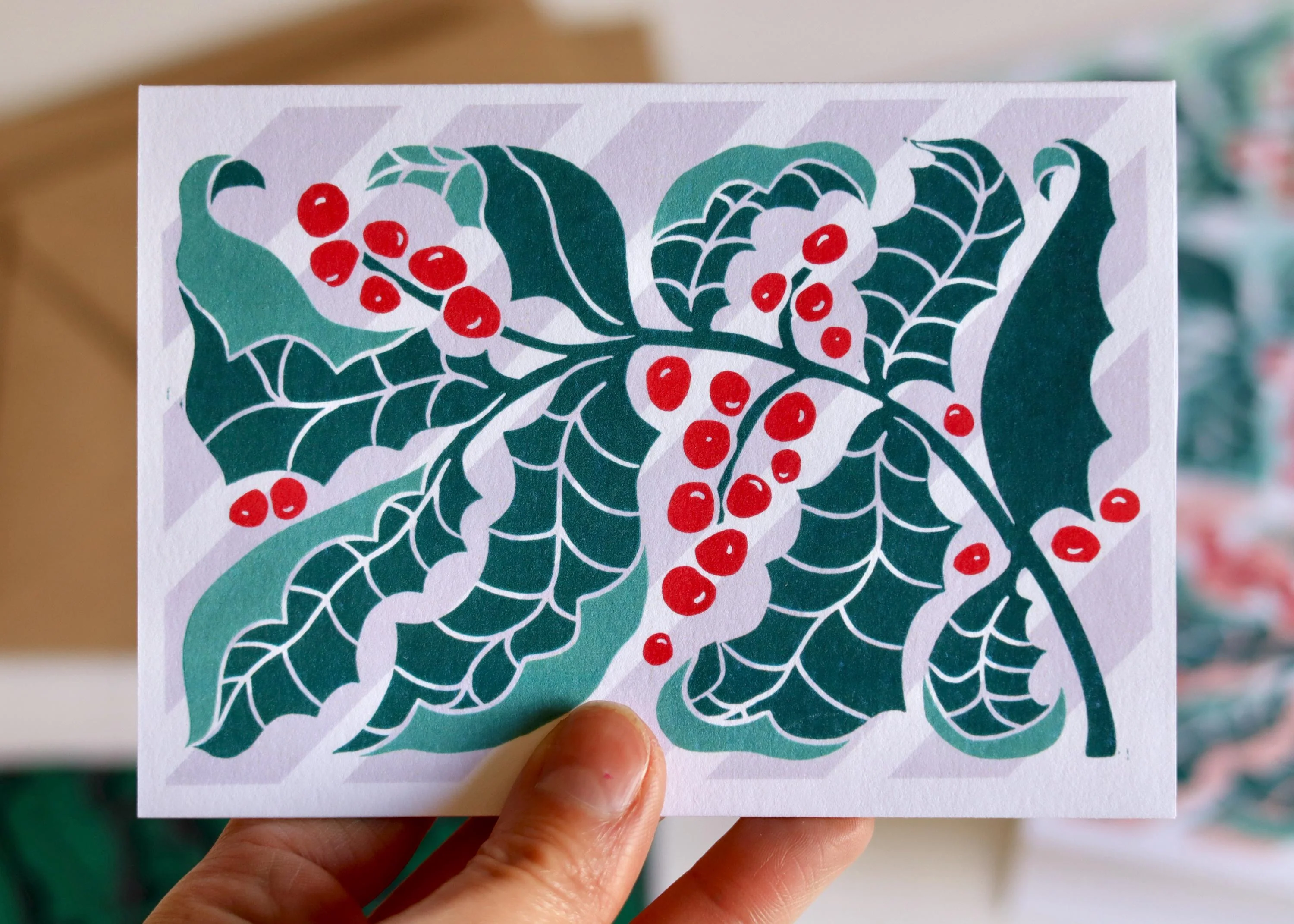 Luxury Candy Stripes & Holly Leaves Christmas Card | Set of 4 Cards & Envelopes - Image 6