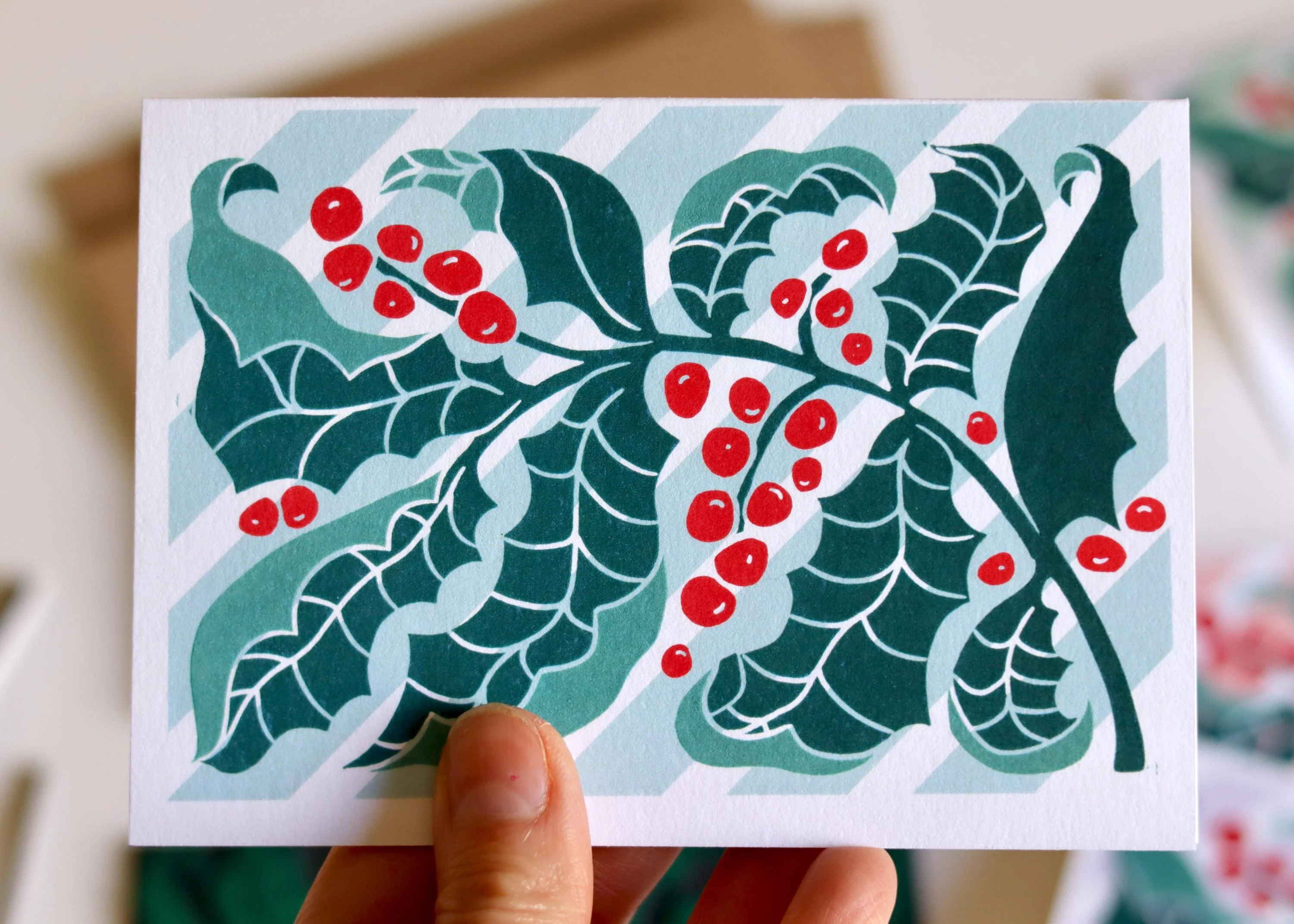 Luxury Candy Stripes & Holly Leaves Christmas Card | Set of 4 Cards & Envelopes - Image 7
