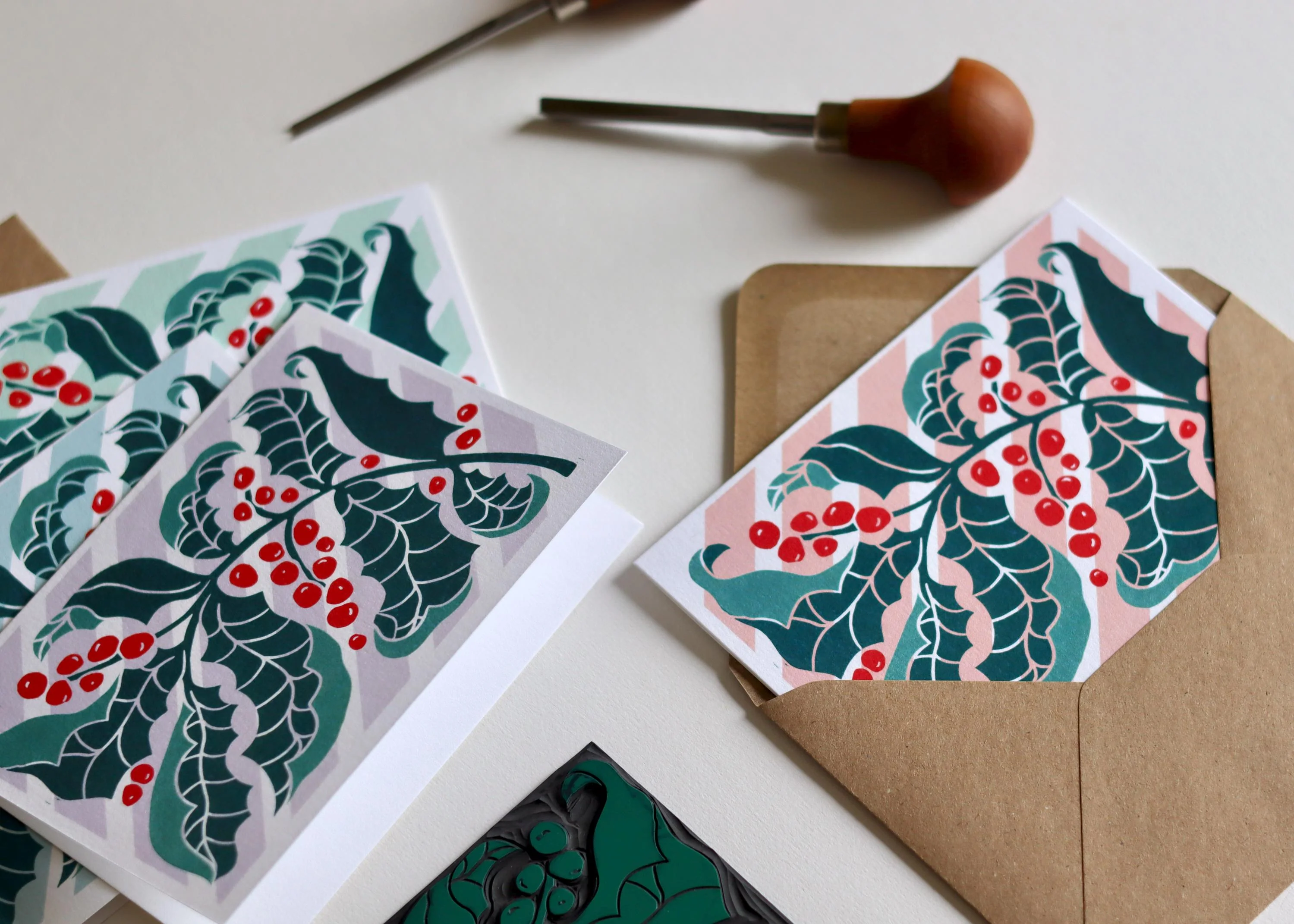 Luxury Candy Stripes & Holly Leaves Christmas Card | Set of 4 Cards & Envelopes - Image 9