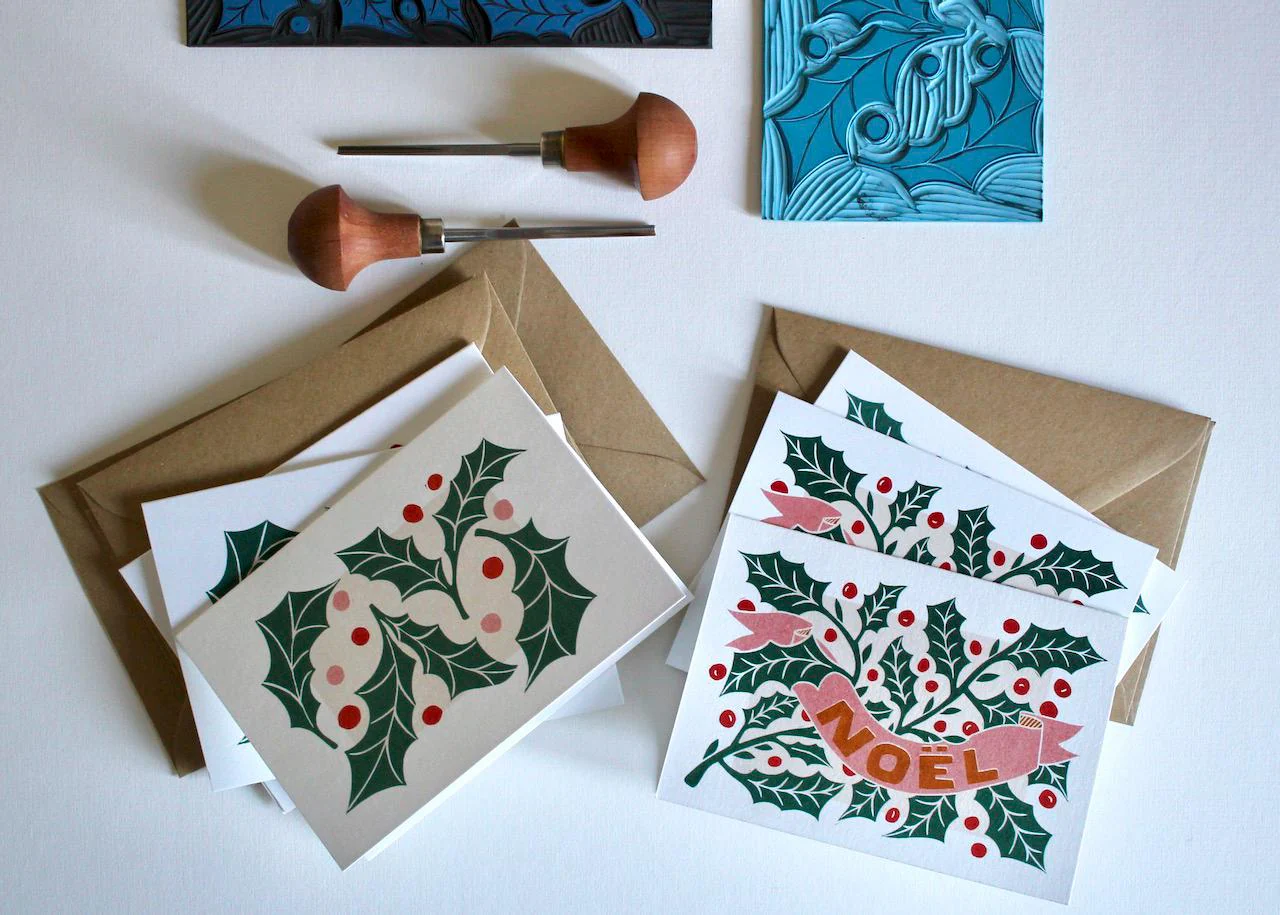 Luxury Linocut Holly Leaves Christmas Card Set | Pack of 6 Cards & Envelopes - Image 2