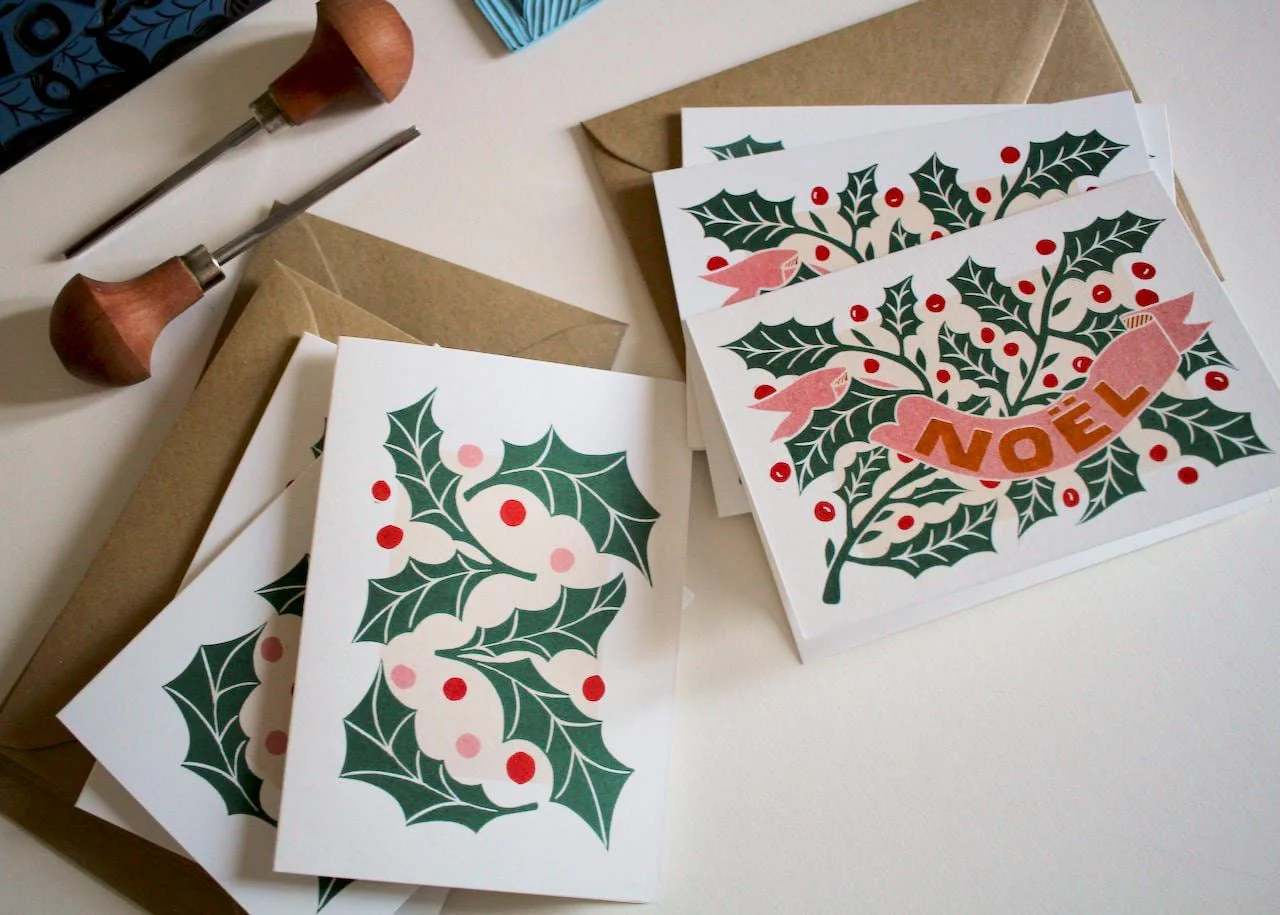 Luxury Linocut Holly Leaves Christmas Card Set | Pack of 6 Cards & Envelopes - Image 3