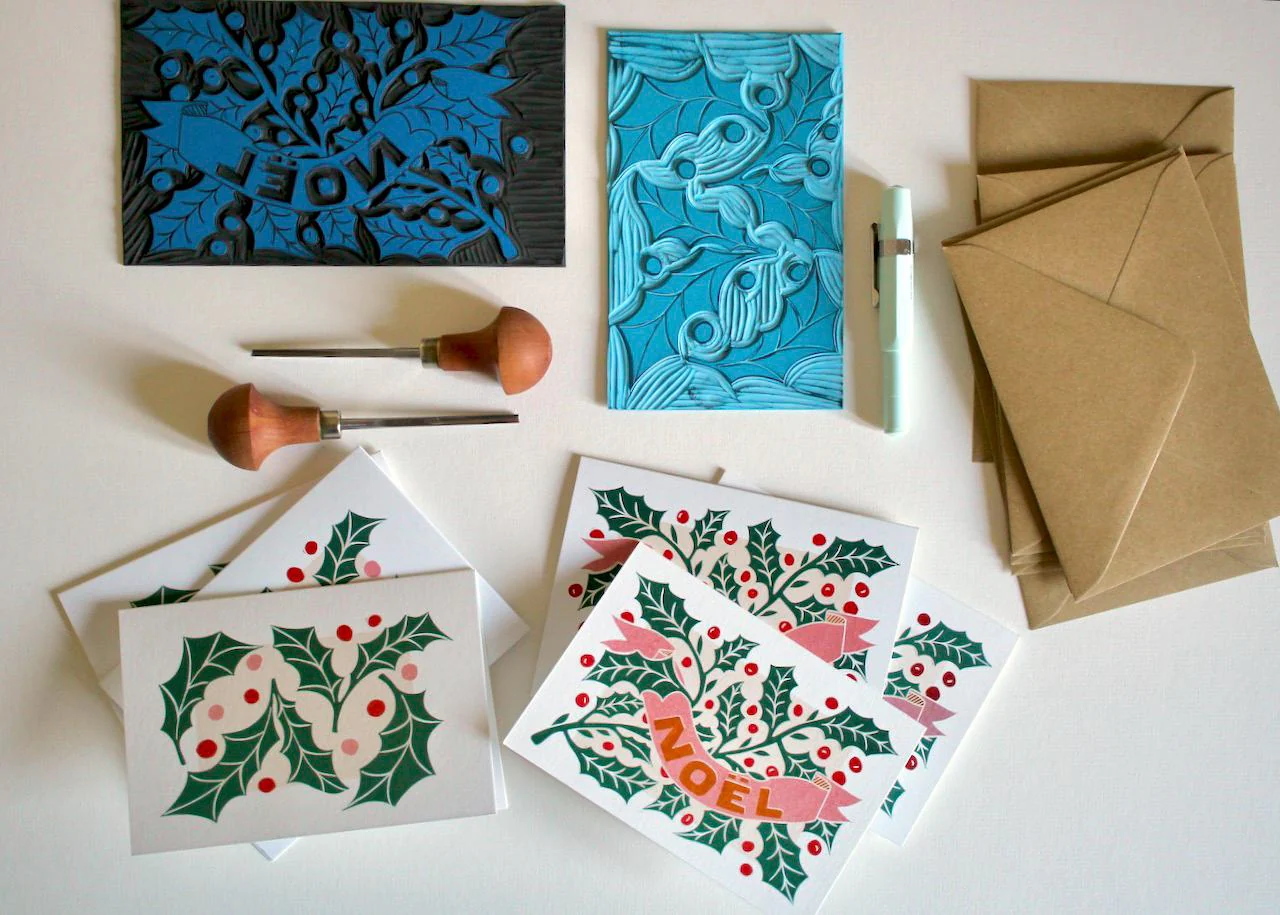 Luxury Linocut Holly Leaves Christmas Card Set | Pack of 6 Cards & Envelopes - Image 4