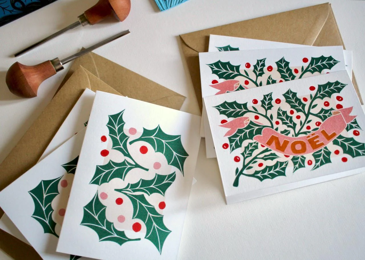 Luxury Linocut Holly Leaves Christmas Card Set | Pack of 6 Cards & Envelopes - Image 5