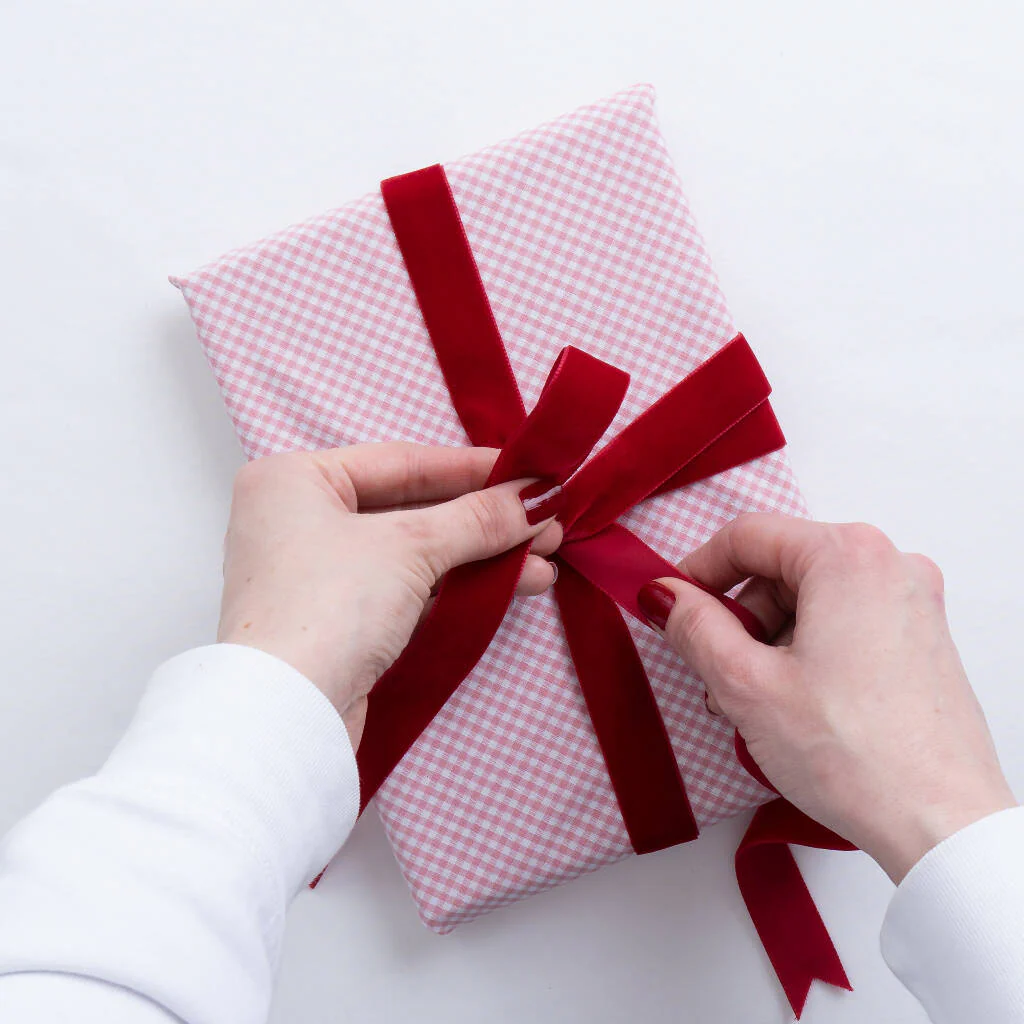 Luxury Reusable Gingham Fabric Gift Wrap with Velvet Ribbon Ties - Image 6