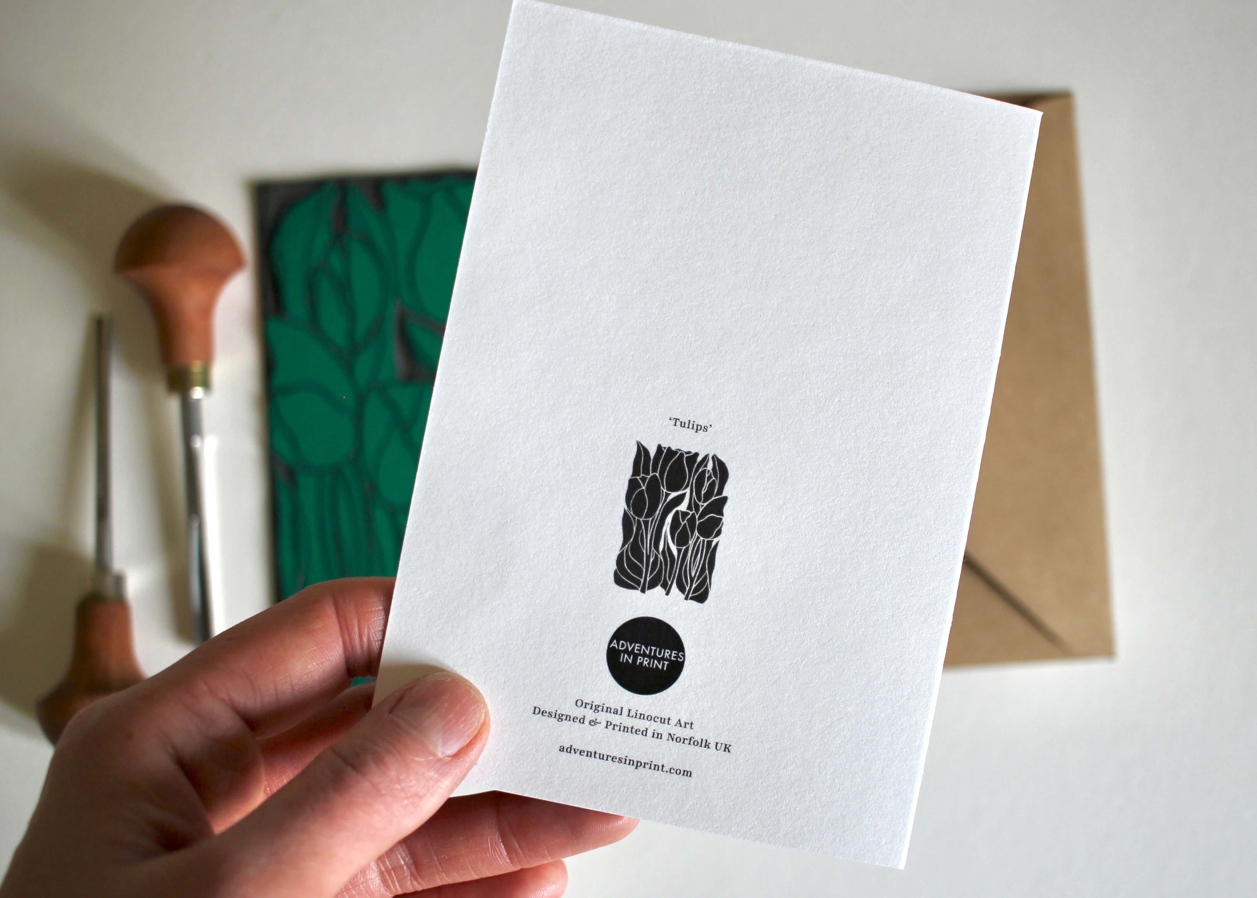 Luxury Spring Tulips Linocut Greeting Card | Single Card & Envelope - Image 2