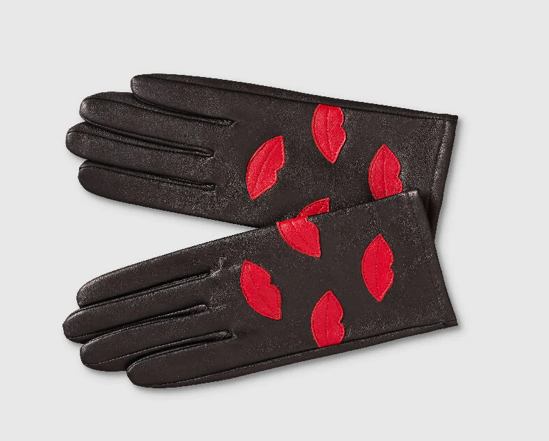 Mabel Sheppard Black + Red Kisses Lips Leather Gloves
