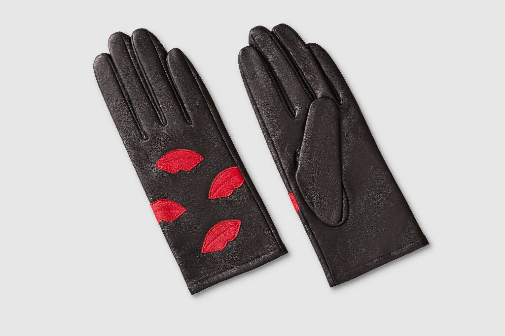 Mabel Sheppard Black + Red Kisses Lips Leather Gloves - Image 2