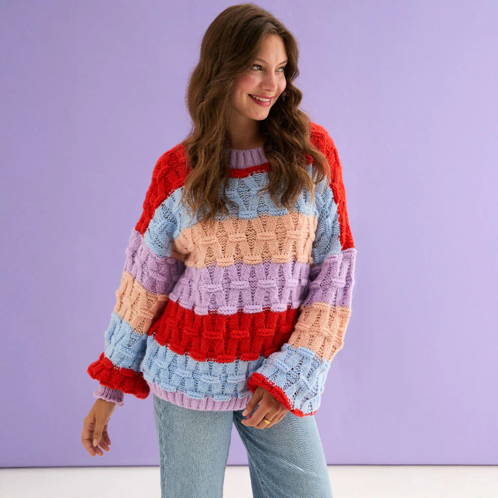 Mandy Criss-Cross Stitch Balloon Sleeve Stripe Jumper - Orange