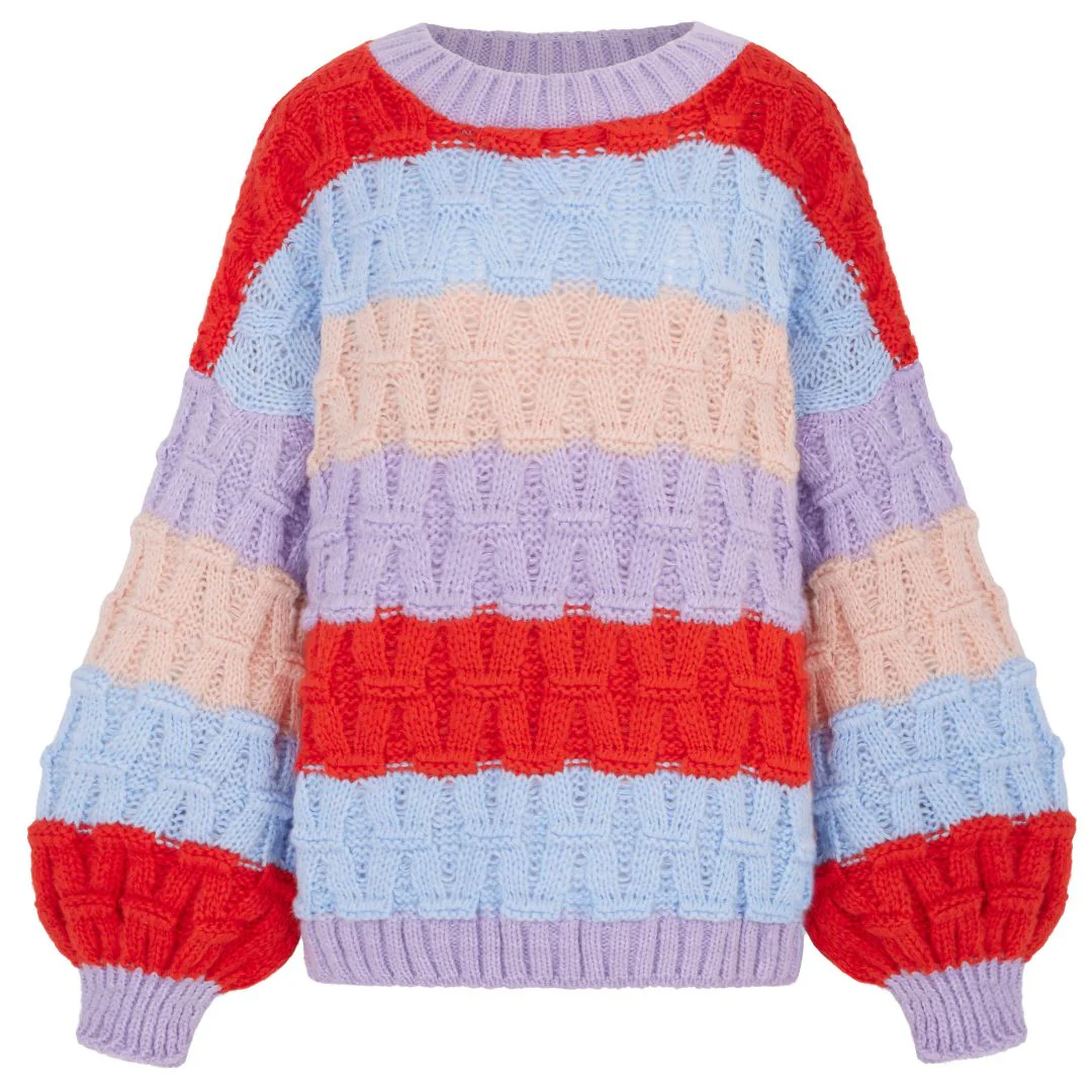 Mandy Criss-Cross Stitch Balloon Sleeve Stripe Jumper - Orange - Image 2