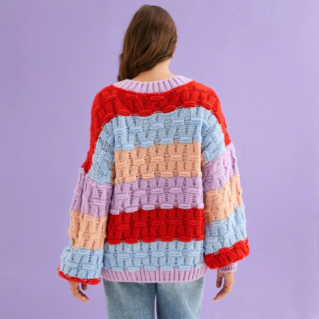 Mandy Criss-Cross Stitch Balloon Sleeve Stripe Jumper - Orange - Image 4