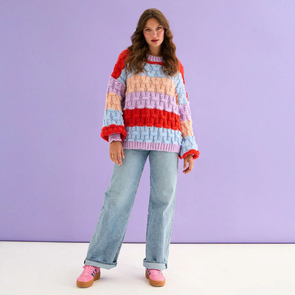 Mandy Criss-Cross Stitch Balloon Sleeve Stripe Jumper - Orange - Image 5