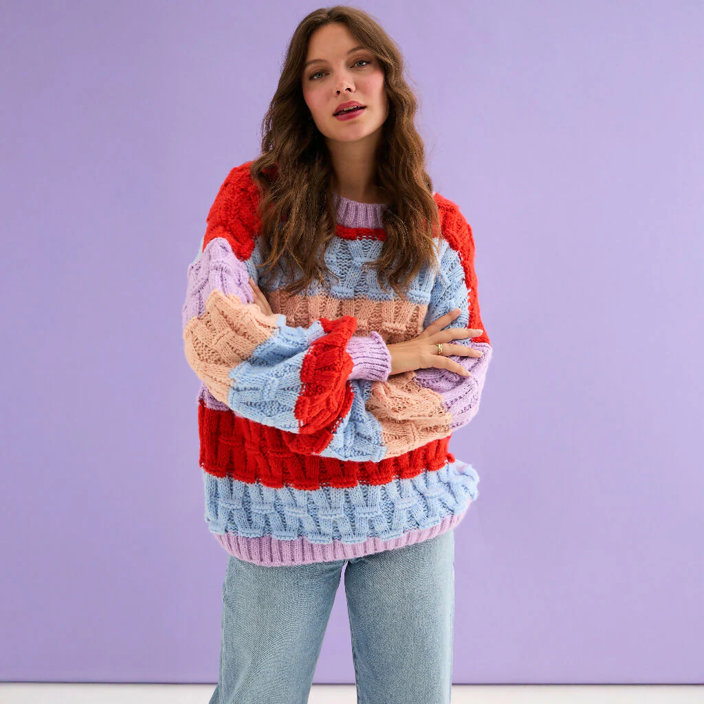 Mandy Criss-Cross Stitch Balloon Sleeve Stripe Jumper - Orange - Image 6