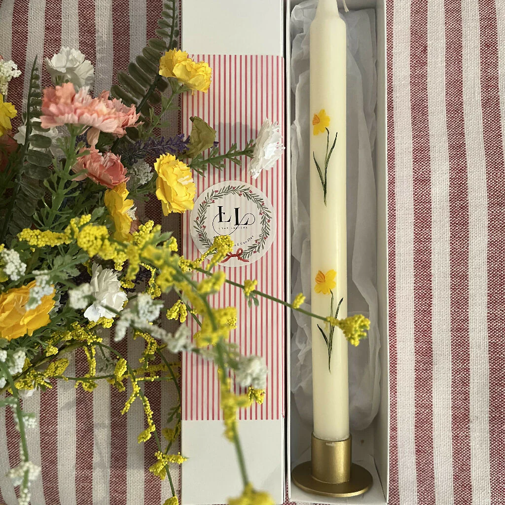 March Birth Flower Candle - Hand Painted Daffodil Candle with Metal Holder