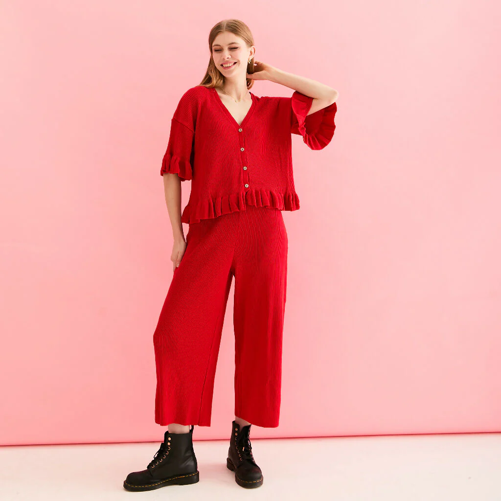 Marlow Ruffle Co-Ord Cardigan - Red - Image 11