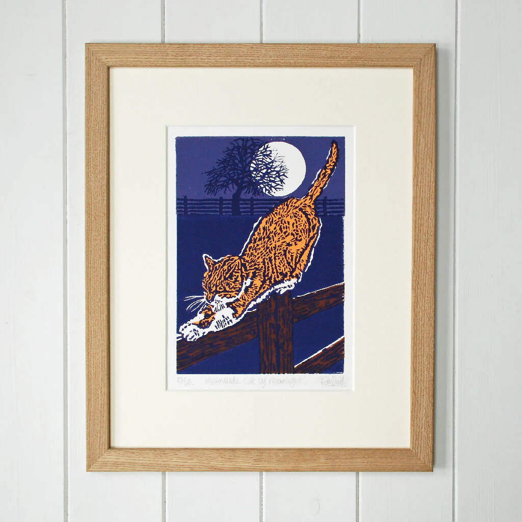 Marmalade Cat by Moonlight - Limited Edition - Original Linocut Print