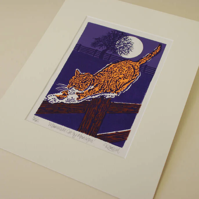 Marmalade Cat by Moonlight - Limited Edition - Original Linocut Print - Image 2