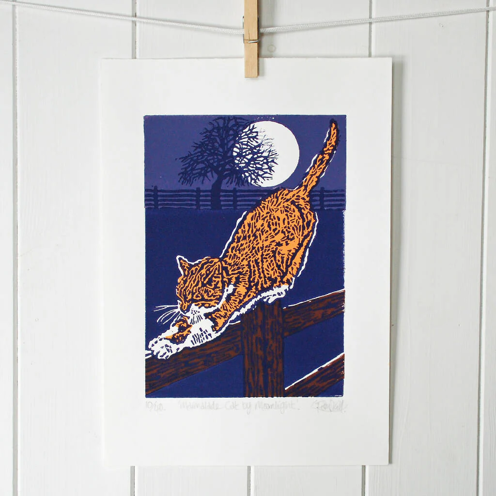 Marmalade Cat by Moonlight - Limited Edition - Original Linocut Print - Image 3