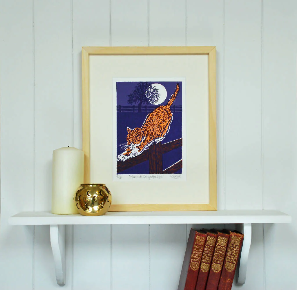 Marmalade Cat by Moonlight - Limited Edition - Original Linocut Print - Image 5