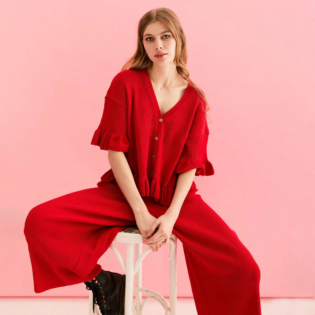 Martha Wide Leg Knitted Trousers Co-Ord - Red - Image 13