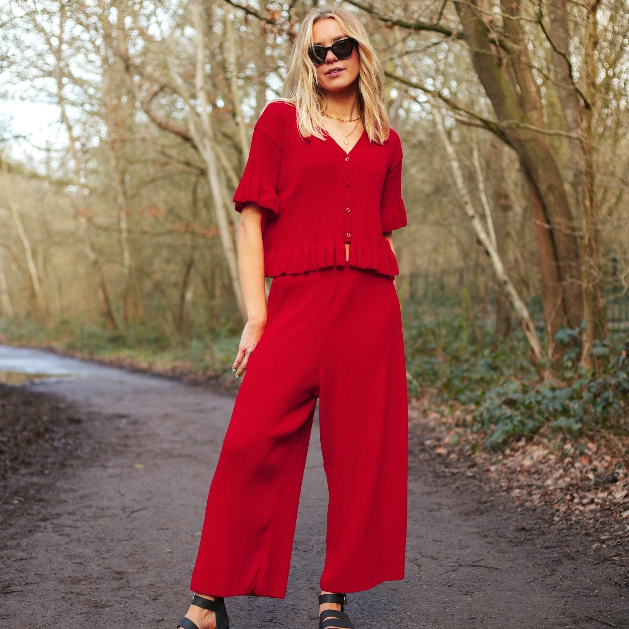 Martha Wide Leg Knitted Trousers Co-Ord - Red - Image 9
