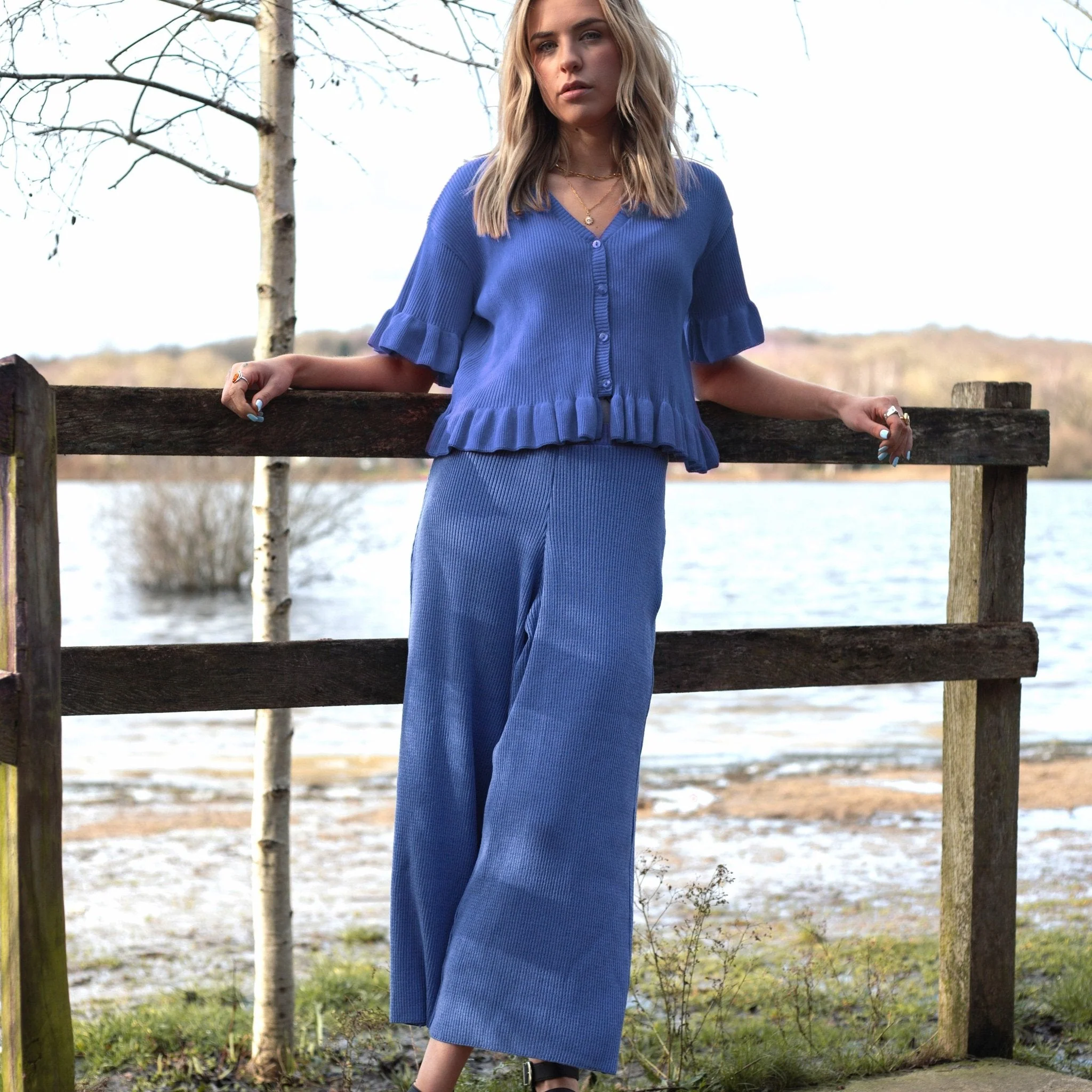 Martha Wide Leg Knitted Trousers - Cornflower Blue - Image 4