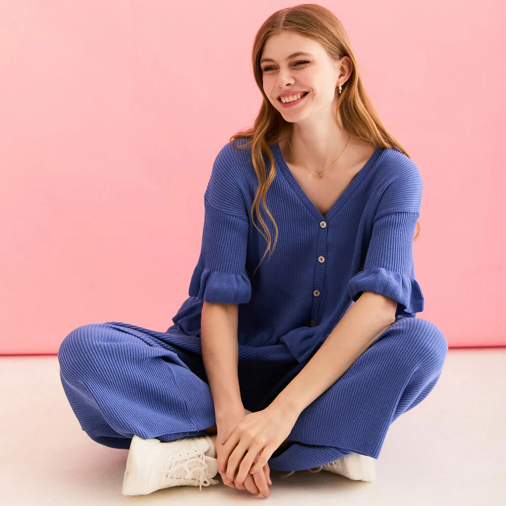 Martha Wide Leg Knitted Trousers - Cornflower Blue - Image 8