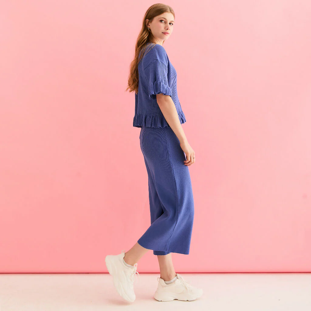 Martha Wide Leg Knitted Trousers - Cornflower Blue - Image 9