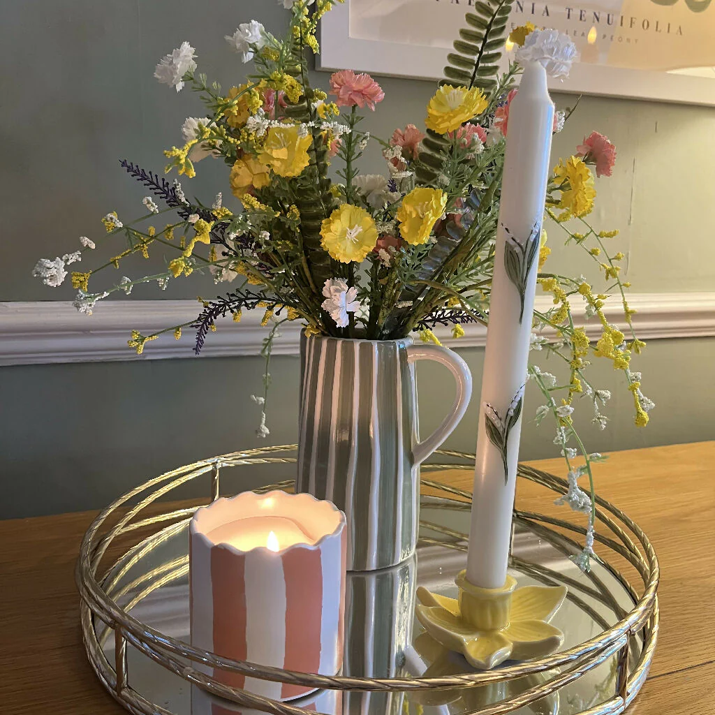 May Birth Flower Candle - Hand Painted Lily of the Valley Candle with Gold Coloured Metal Holder