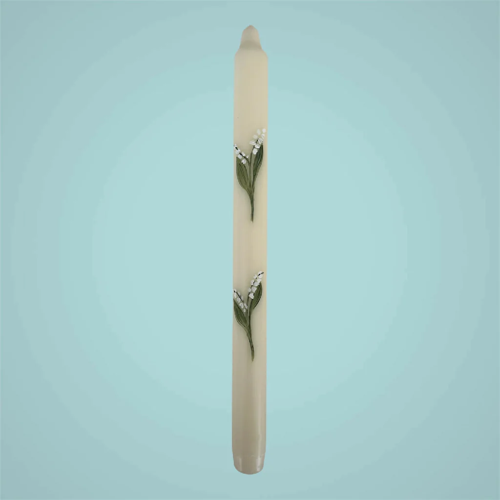 May Birth Flower Candle - Hand Painted Lily of the Valley Candle with Gold Coloured Metal Holder - Image 2