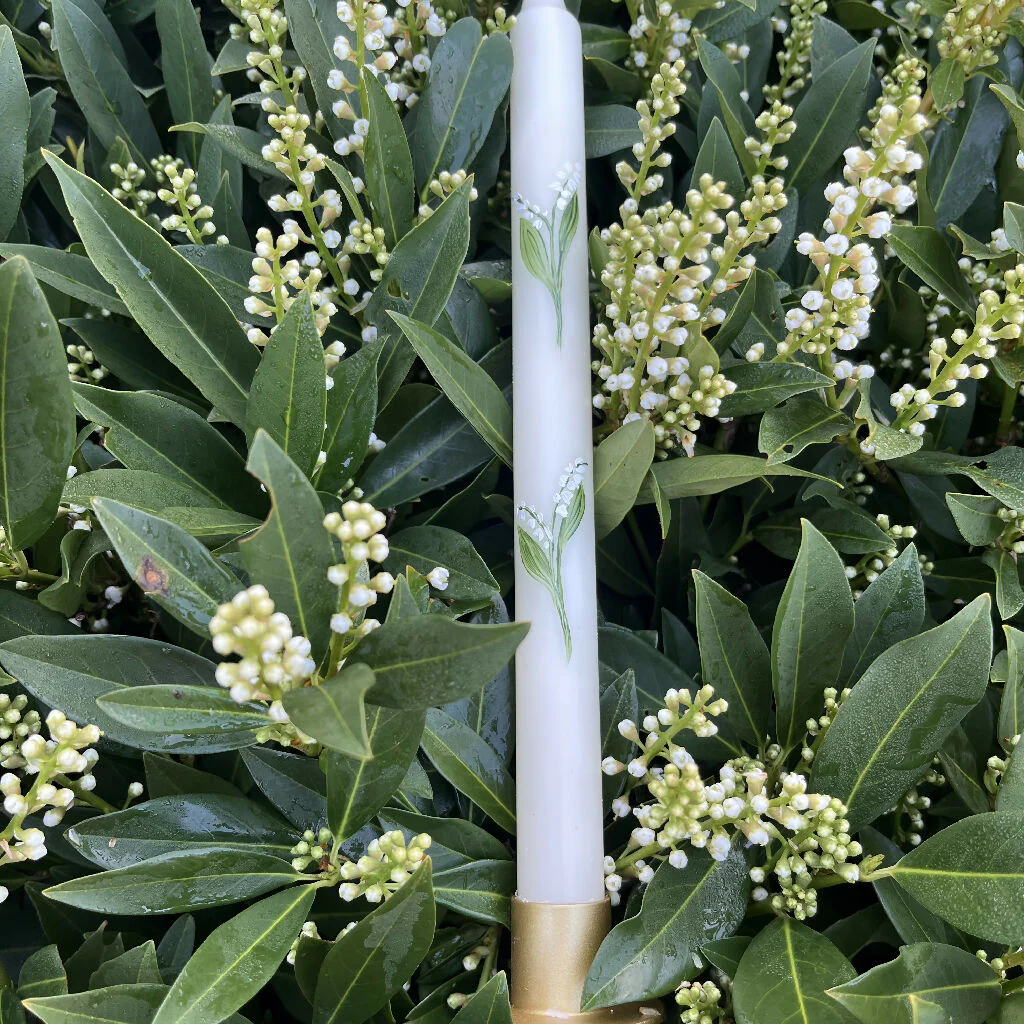May Birth Flower Candle - Hand Painted Lily of the Valley Candle with Gold Coloured Metal Holder - Image 3