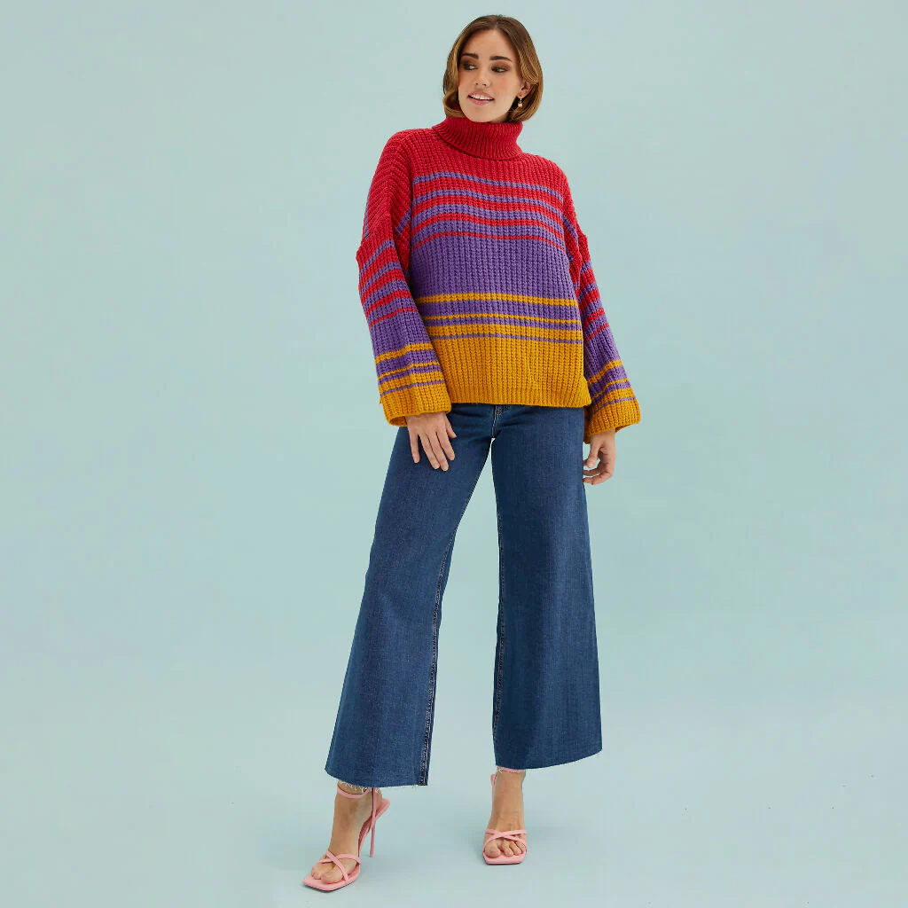 Megan Roll Neck Stripe Jumper - Cherry Red - Image 5
