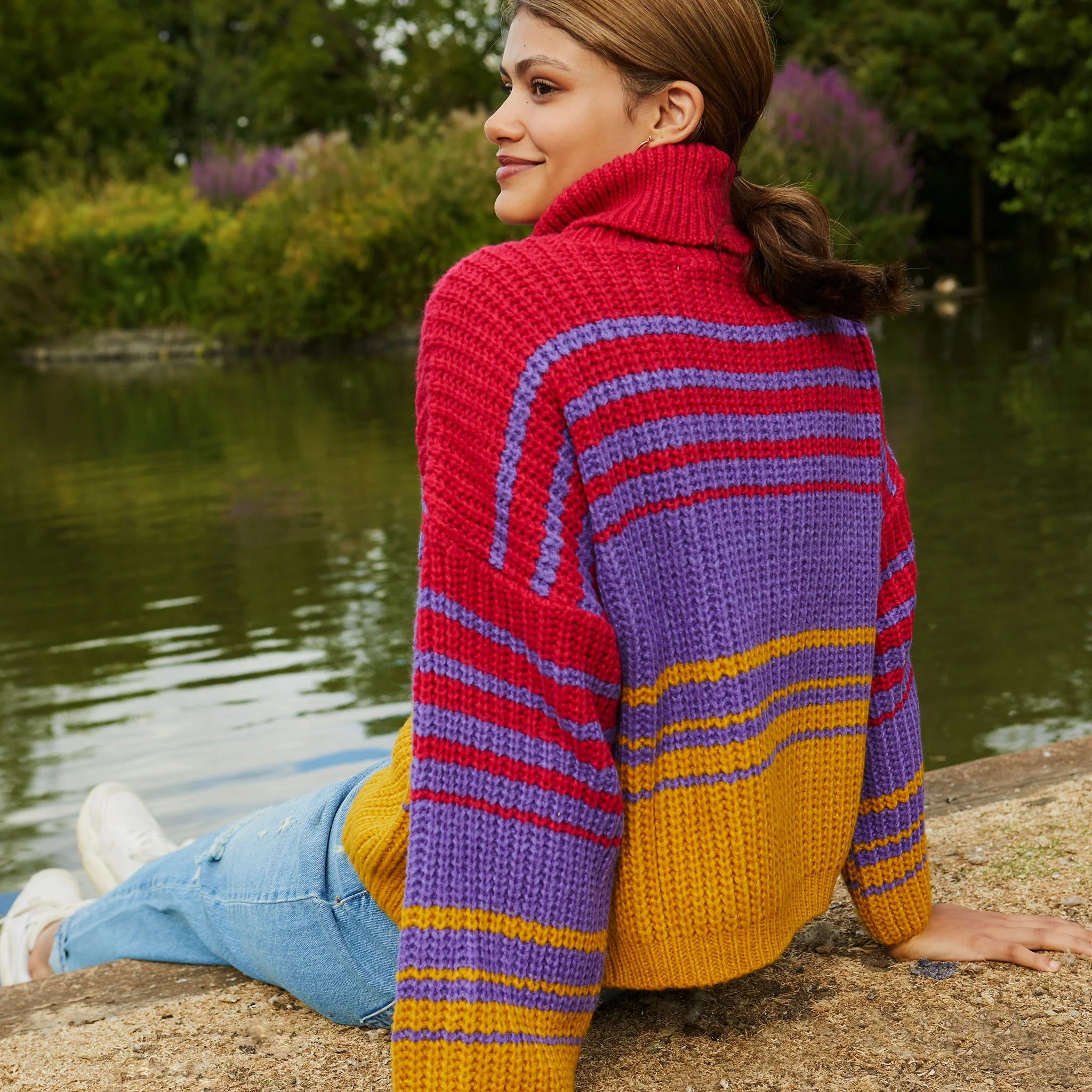Megan Roll Neck Stripe Jumper - Cherry Red - Image 6
