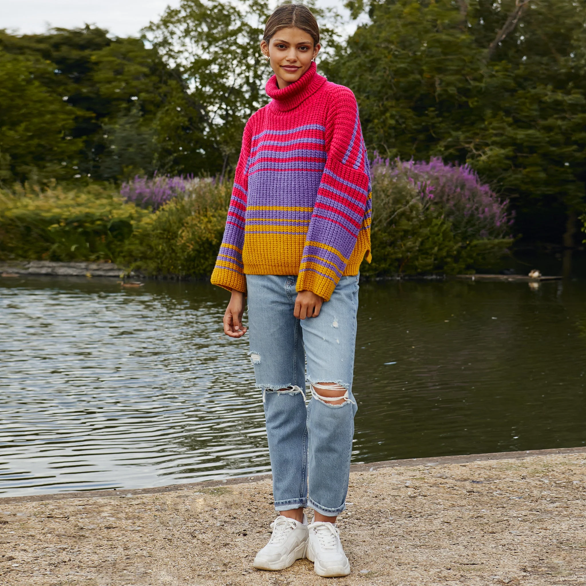 Megan Roll Neck Stripe Jumper - Cherry Red - Image 7