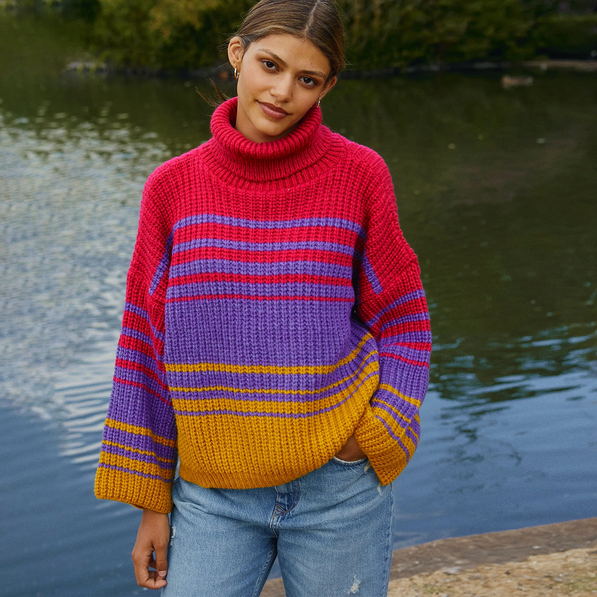 Megan Roll Neck Stripe Jumper - Cherry Red - Image 8