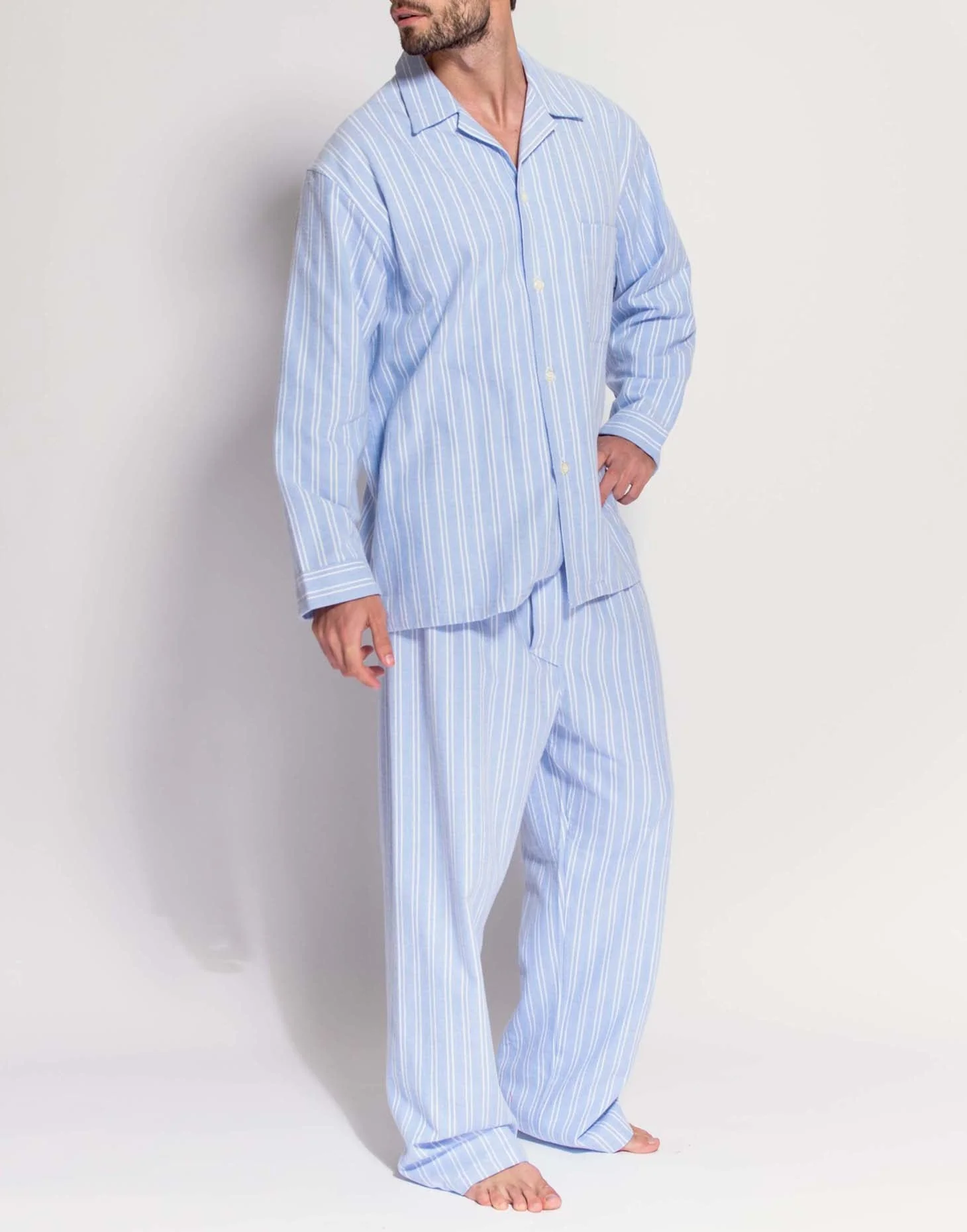 Men's Brushed Cotton Pyjama Set – Westwood Blue Stripe - Image 3
