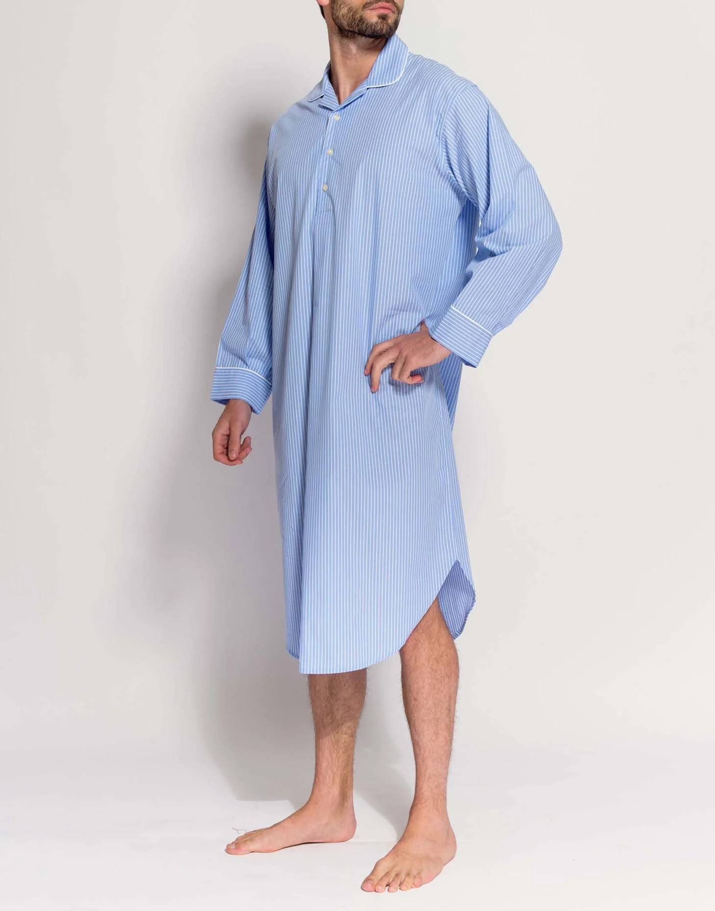 Men's Crisp Cotton Nightshirt – Sky Blue & White Stripe - Image 3