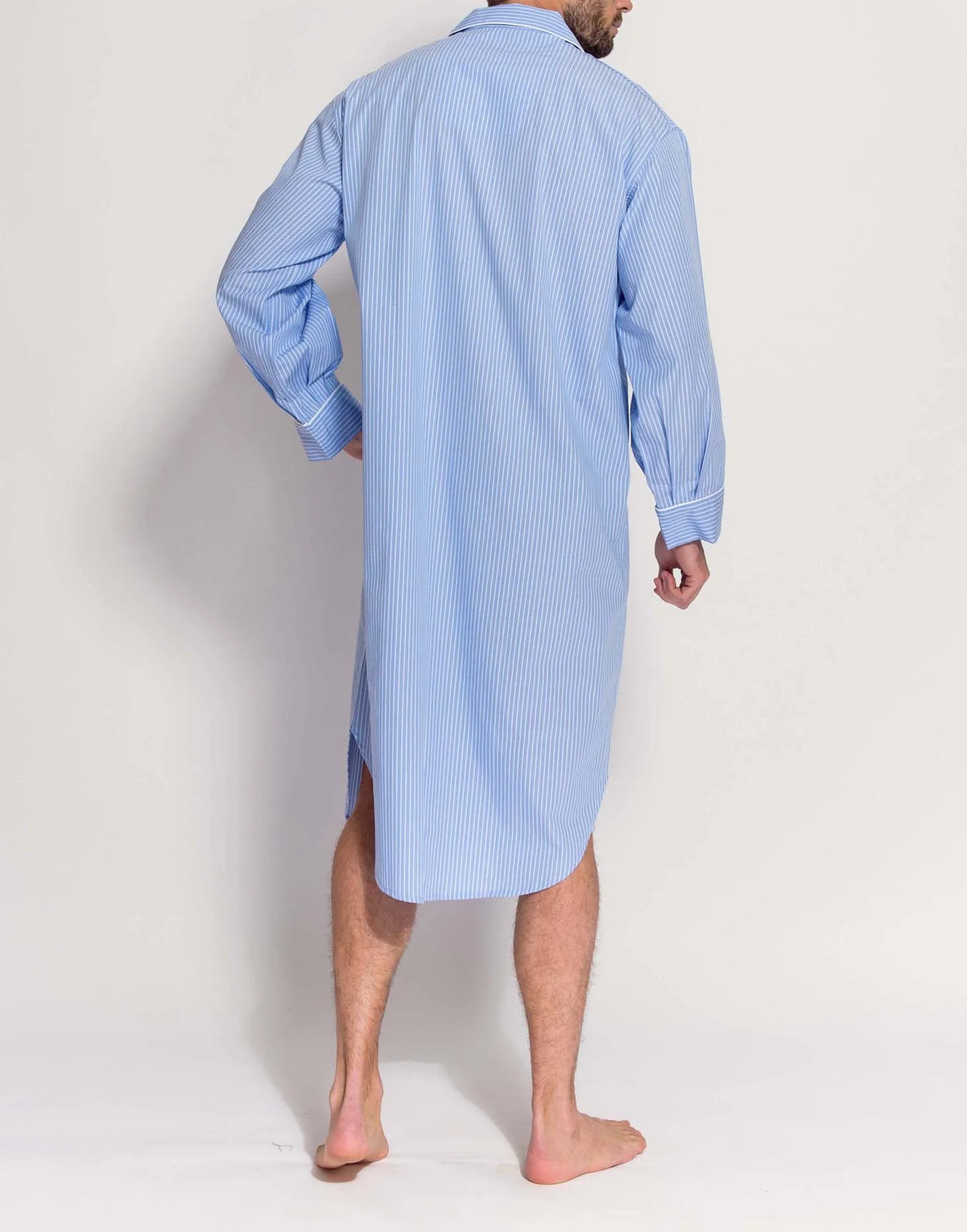 Men's Crisp Cotton Nightshirt – Sky Blue & White Stripe - Image 4