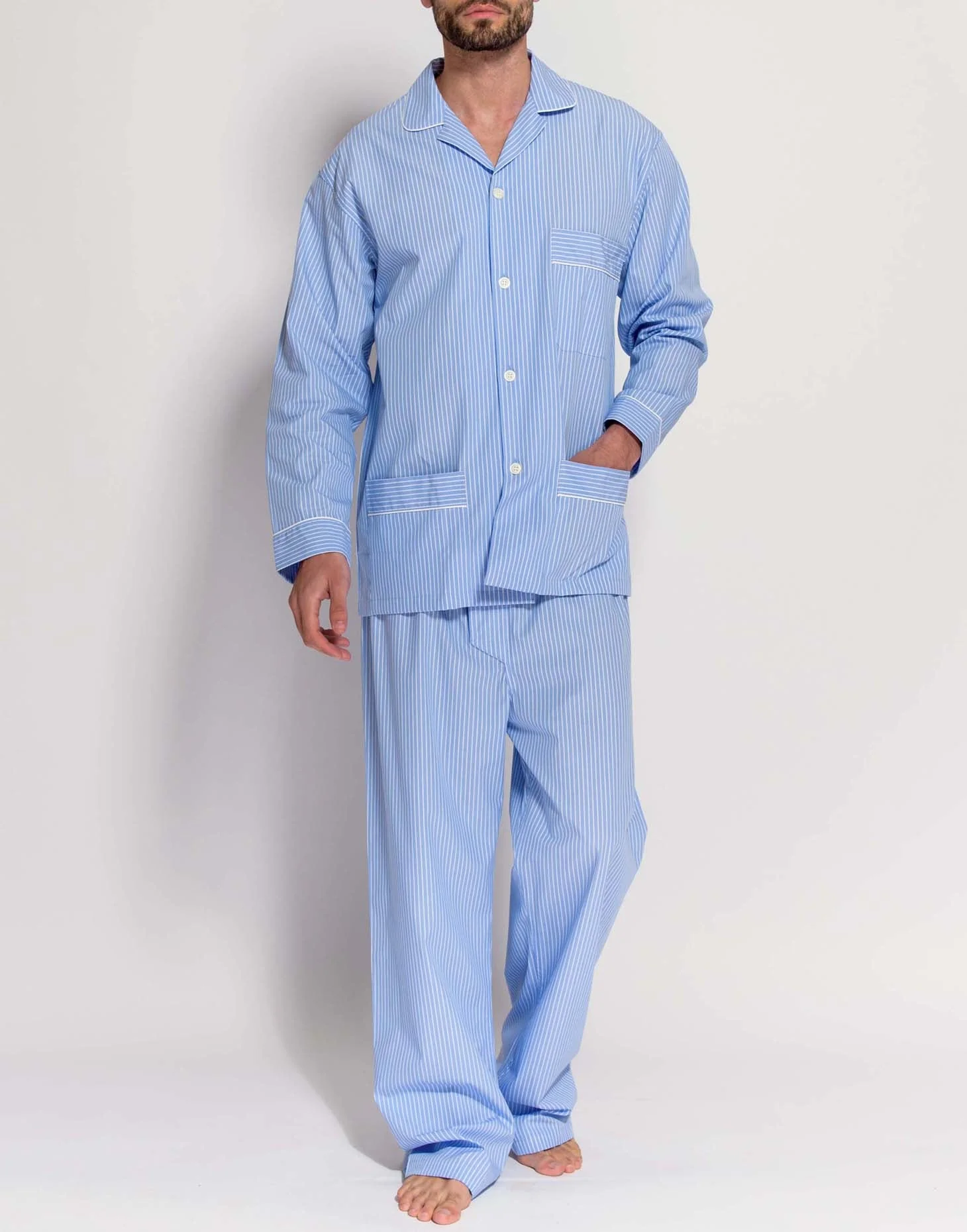 Men's Crisp Cotton Pyjama Set – Sky Blue & White Stripe - Image 3