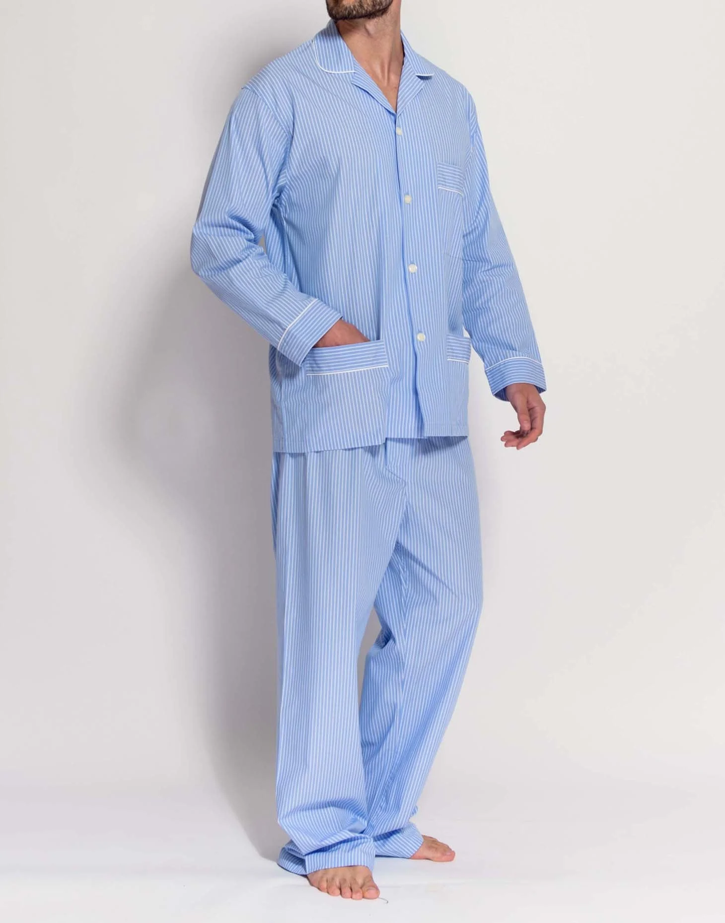 Men's Crisp Cotton Pyjama Set – Sky Blue & White Stripe - Image 4