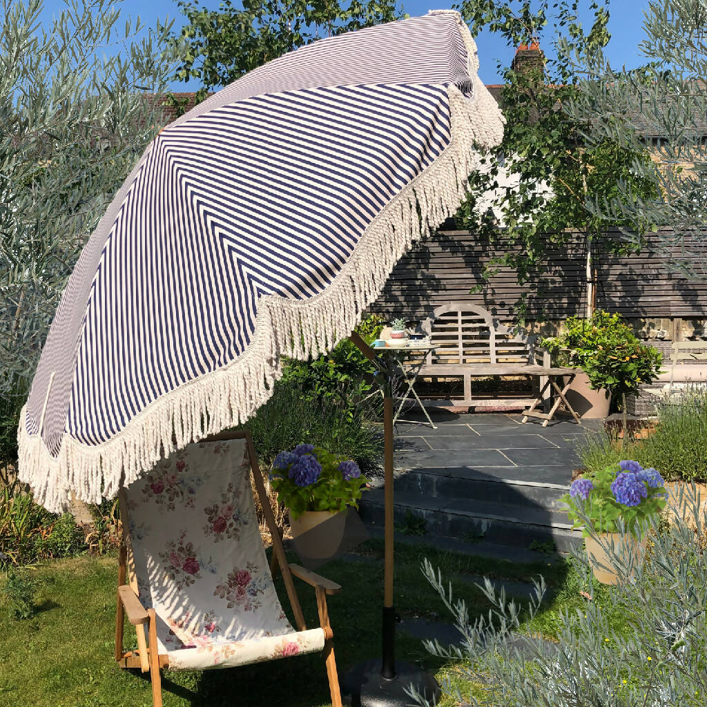 Midnight Blue/Antique White Stripe Large Tassel Fringed Outdoor Parasol - Image 3