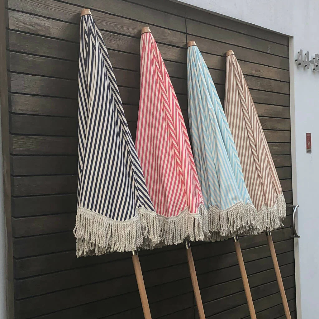 Midnight Blue/Antique White Stripe Large Tassel Fringed Outdoor Parasol - Image 8