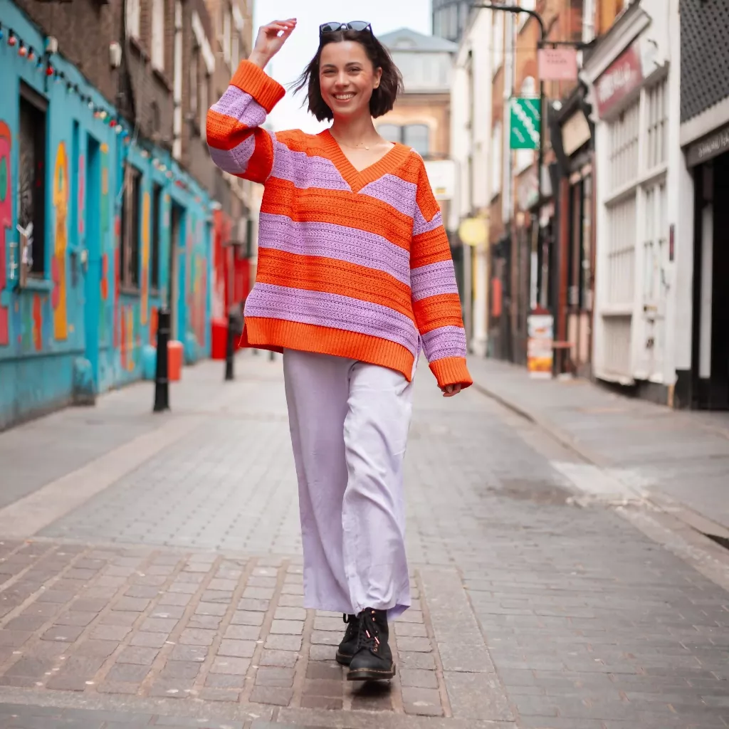Millie Crochet Stripe V Neck Cotton Blend Jumper - Orange - Image 11