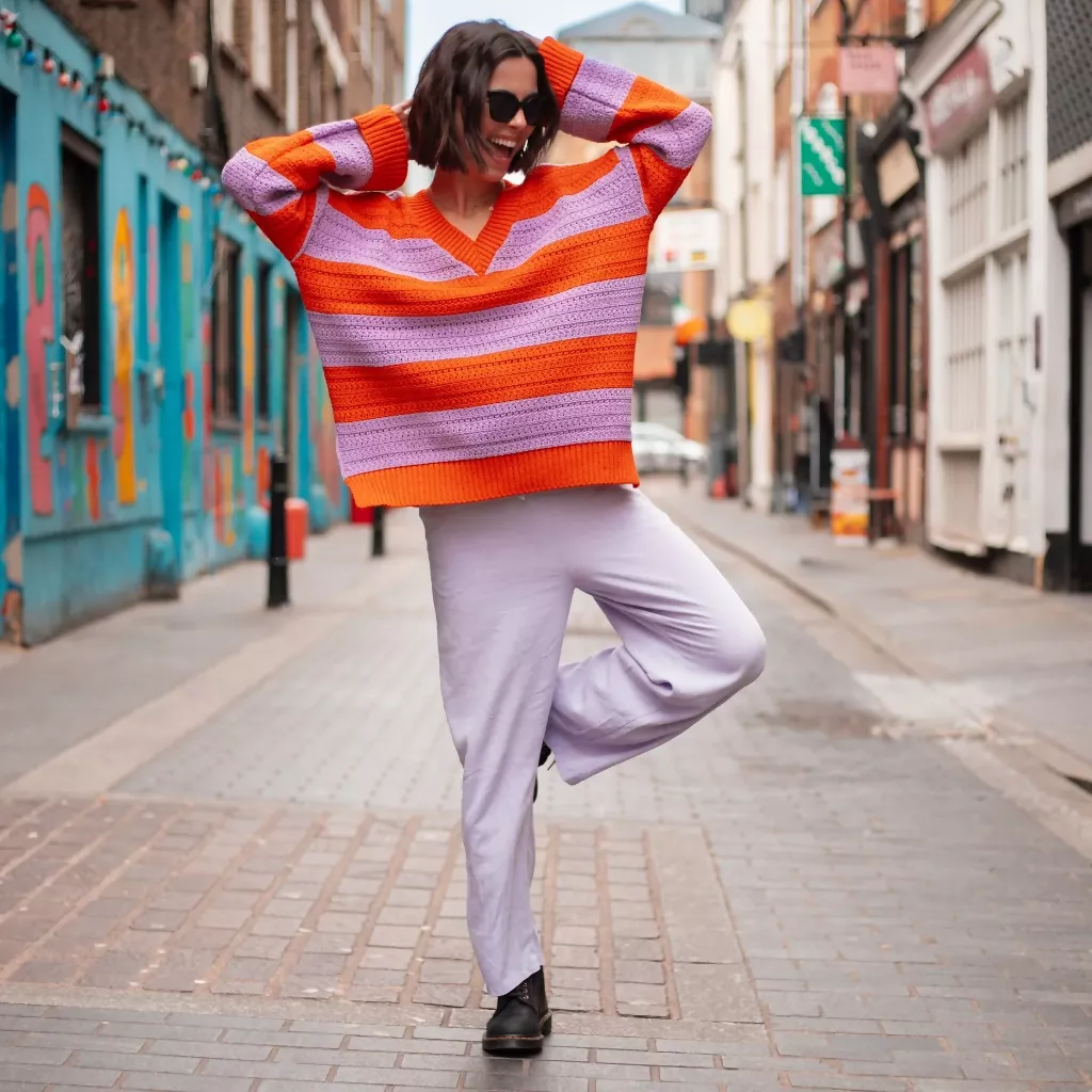 Millie Crochet Stripe V Neck Cotton Blend Jumper - Orange - Image 12