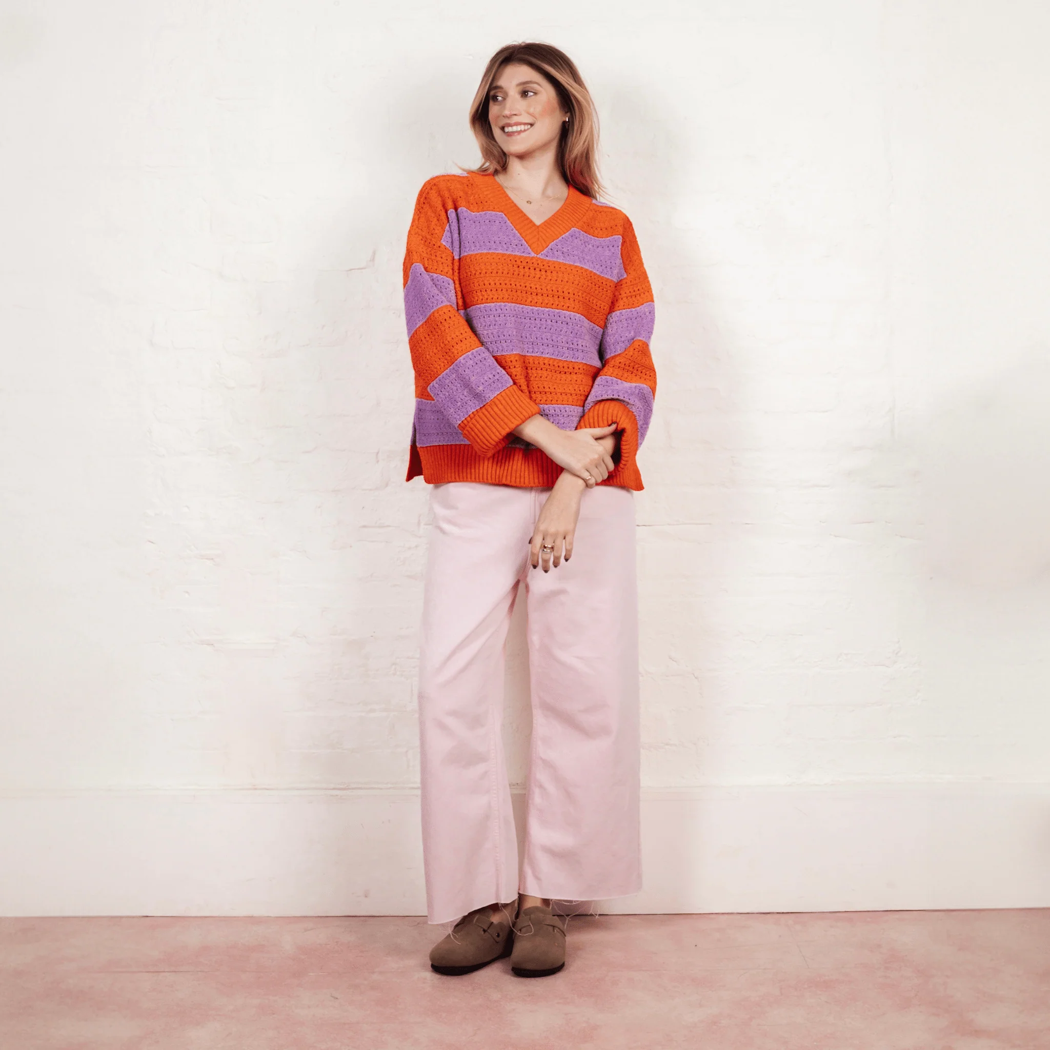Millie Crochet Stripe V Neck Cotton Blend Jumper - Orange - Image 3